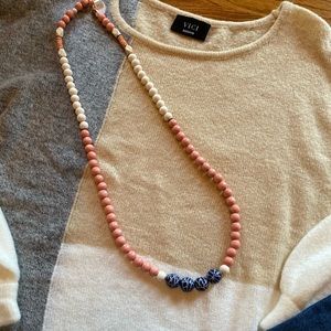 Coral blue and cream beaded wooden necklace long